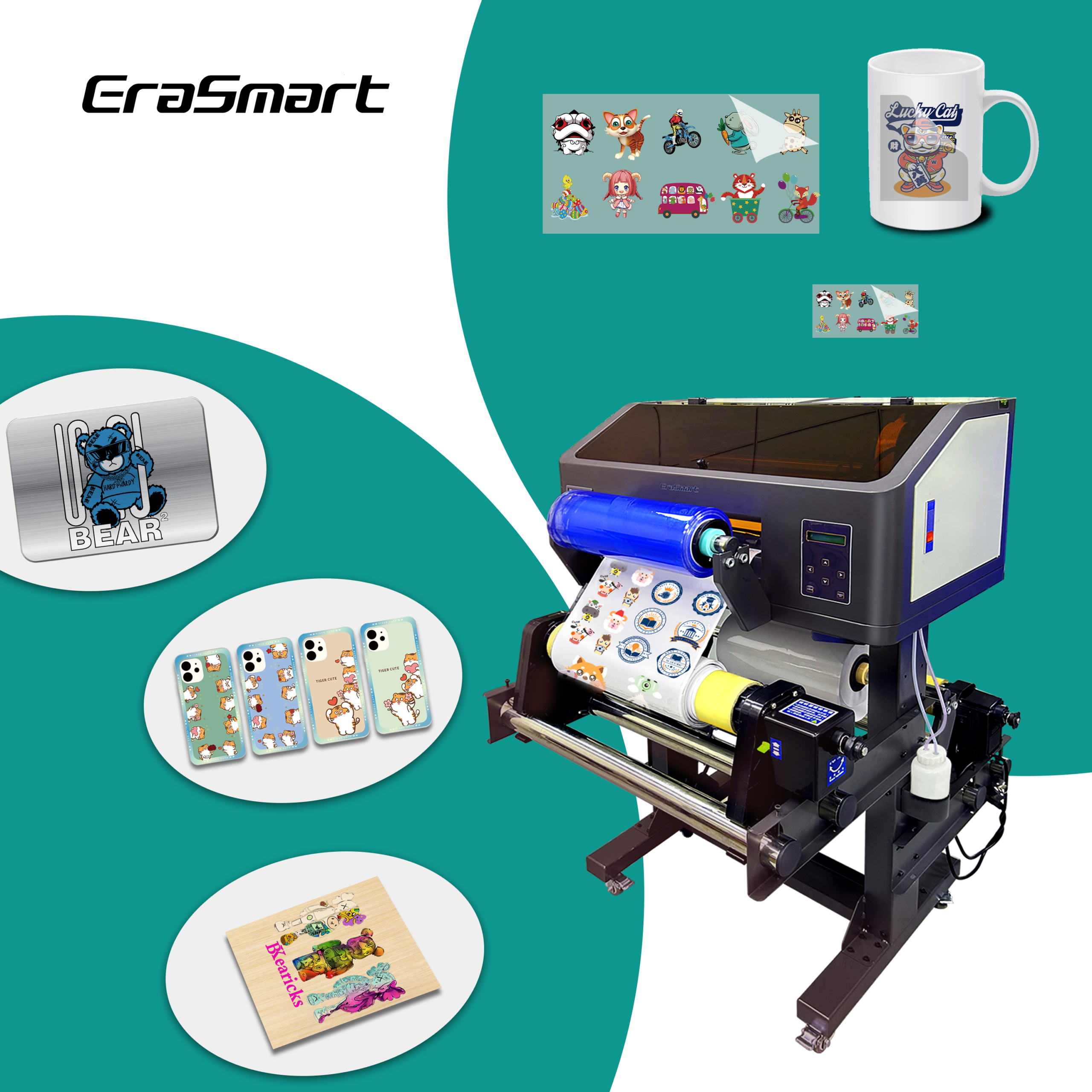 EraSmart Inkjet 35Cm A3 Roll Gold Silver Ab Film Uv Printing Machine Dtf Bottle Cup Wrap Sticker Printer With Laminator